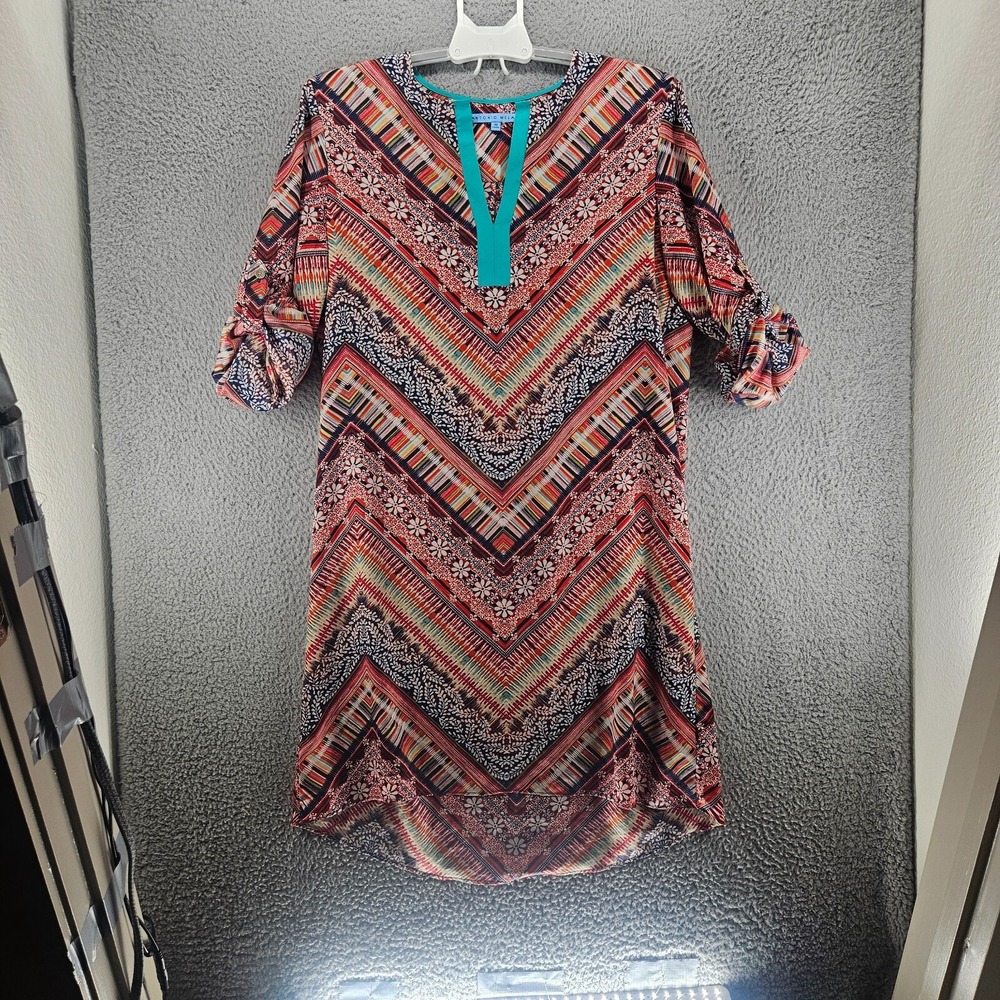 Antonio Melani Dress‎ Size 10 Split Neck Colorful Geometric Floral Print No Belt